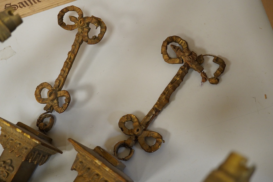 A pair of Adam style gilt two branch wall lights, 54cm high overall. Condition - poor